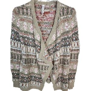 Aeropostale Womens Fair Isle Popcorn Knit Open Front Cardigan Beige Pink Small